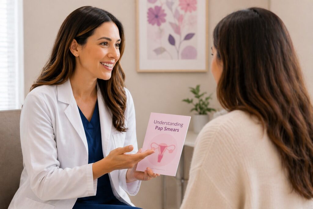 OB-GYN discussing Pap smear screening with patient in clinic